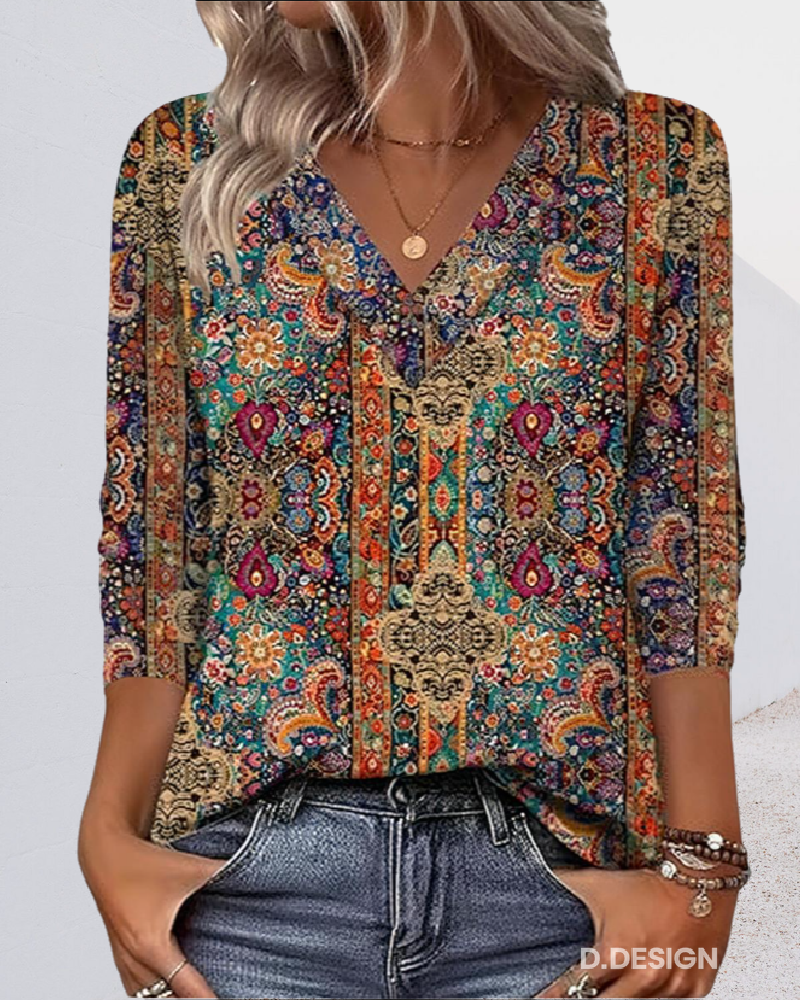 Vintage-inspirierte V-Ausschnitt Druckbluse für Damen mit 3/4-Ärmeln