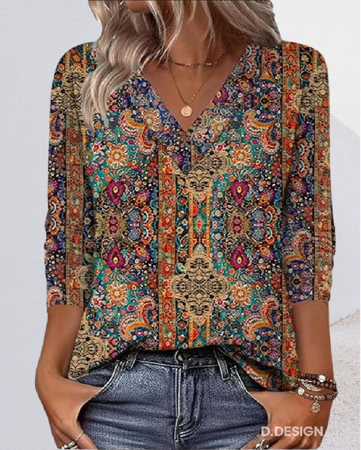 Vintage-inspirierte V-Ausschnitt Druckbluse für Damen mit 3/4-Ärmeln