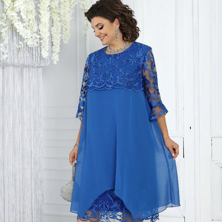 Frauen Rundhals Besticktes Patchwork Minikleid für Damen