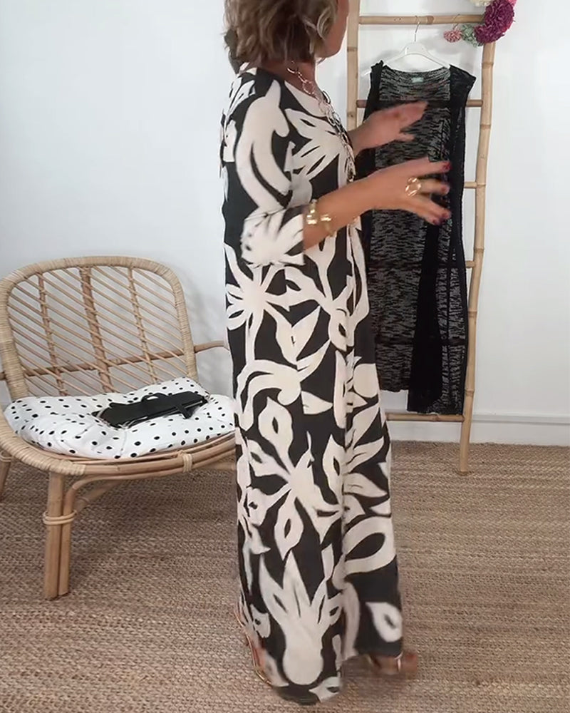 Ysabel | Abstraktes Muse Maxikleid für Damen mit Rundhalsausschnitt und 3/4-Ärmeln