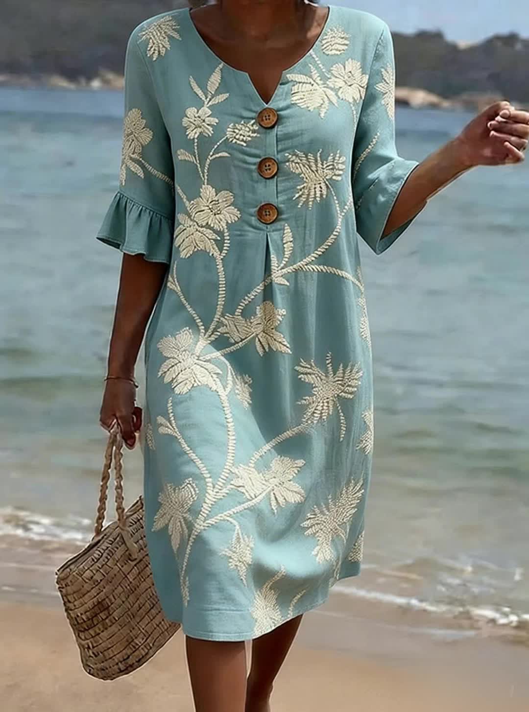 Damenkleid für Damen mit Blumenmuster | lässiges Sommerkleid mit Knöpfen