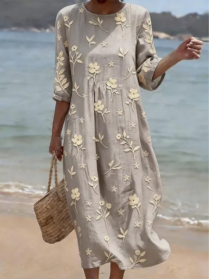 Simone | Besticktes Midikleid für Damen mit Blumenmuster und Rundhalsausschnitt
