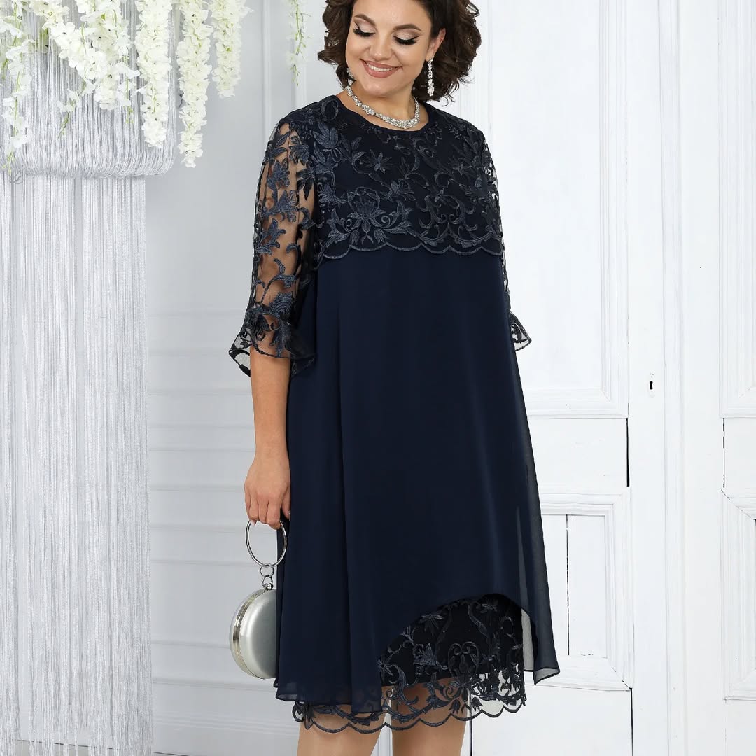 Frauen Rundhals Besticktes Patchwork Minikleid für Damen