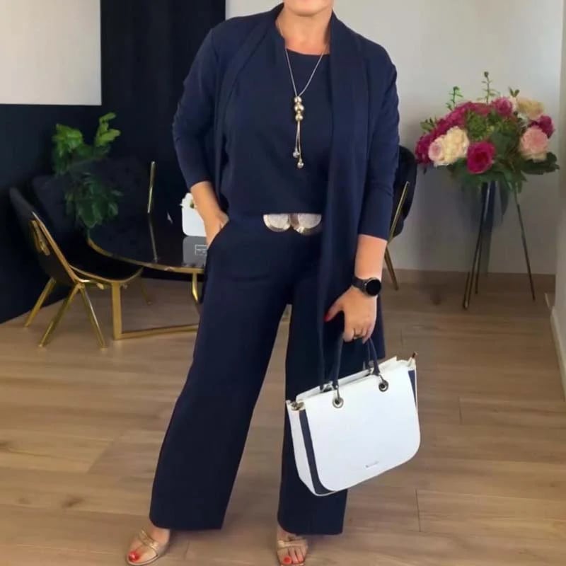 Schickes 3-teiliges Ensemble: Langer Cardigan, Top und Hose für Damen