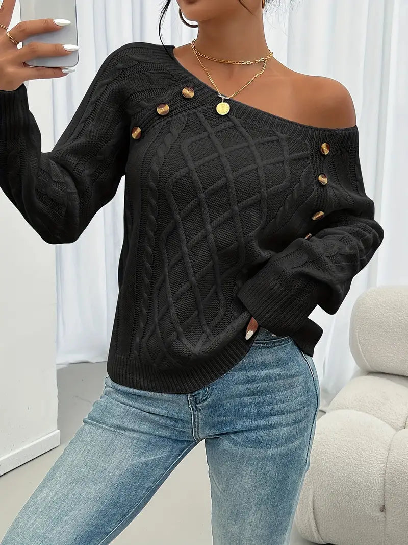 Lina | Langärmeliger Pullover für Damen mit Zopfmuster, Lässiger Pullover mit Rundhalsausschnitt