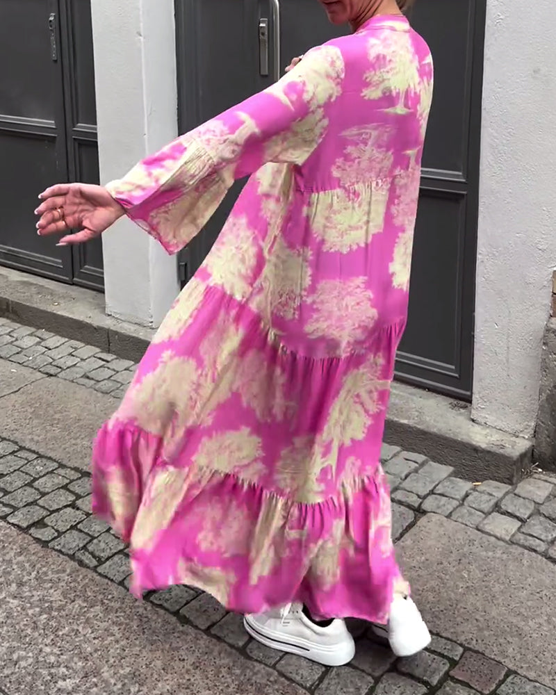 Diana | Bequemes Patchwork-Maxikleid für Damen mit V-Ausschnitt und langen Ärmeln