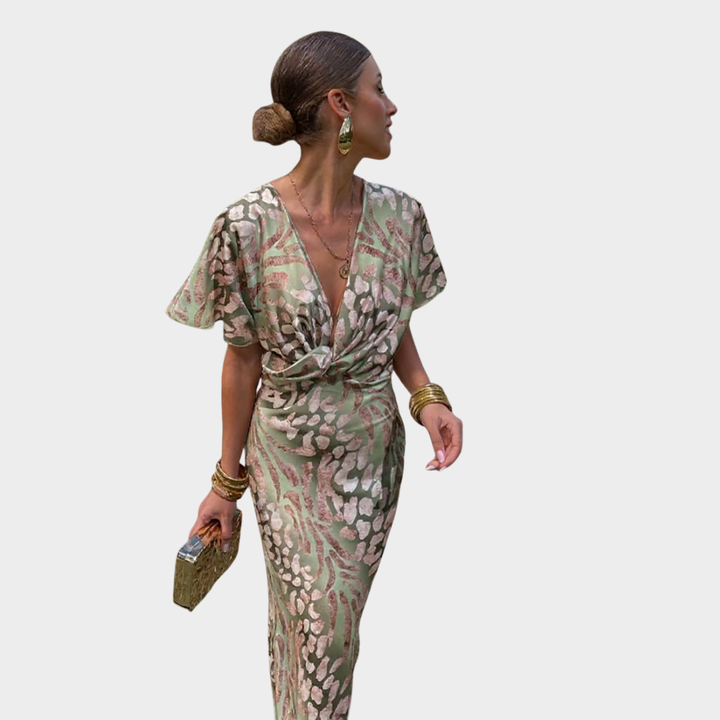 Clarandra | Midi-Kleid in Kupfer für Damen mit Blumenmuster und V-Ausschnitt