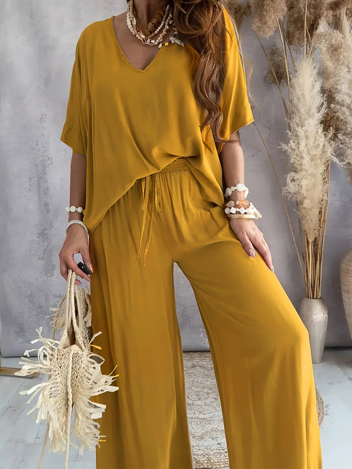 Farah | Stylisches einfarbiges Damen-Zweiteiler-Set mit V-Ausschnitt