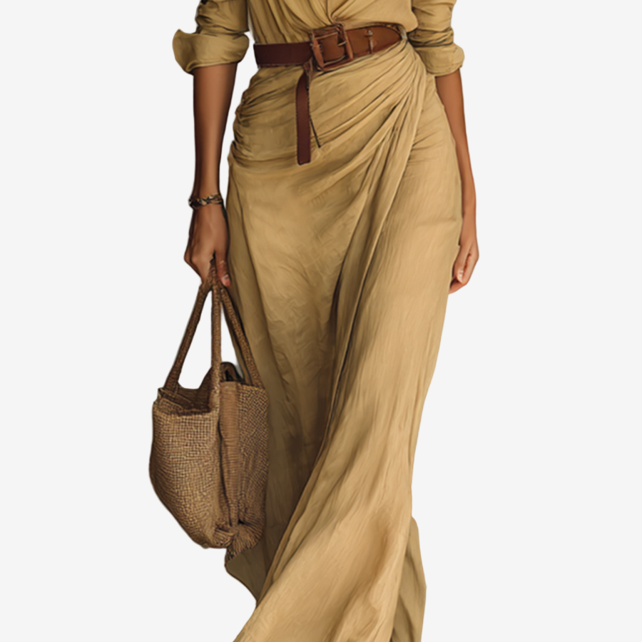 Alena Maxi Élégante Kleid für Damen mit V-Ausschnitt und langen Ärmeln