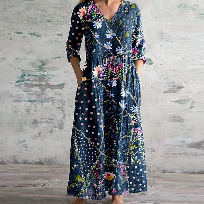 Kate | Elegantes Retro-Maxi-Kleid für Damen mit Blumenmuster und V-Ausschnitt