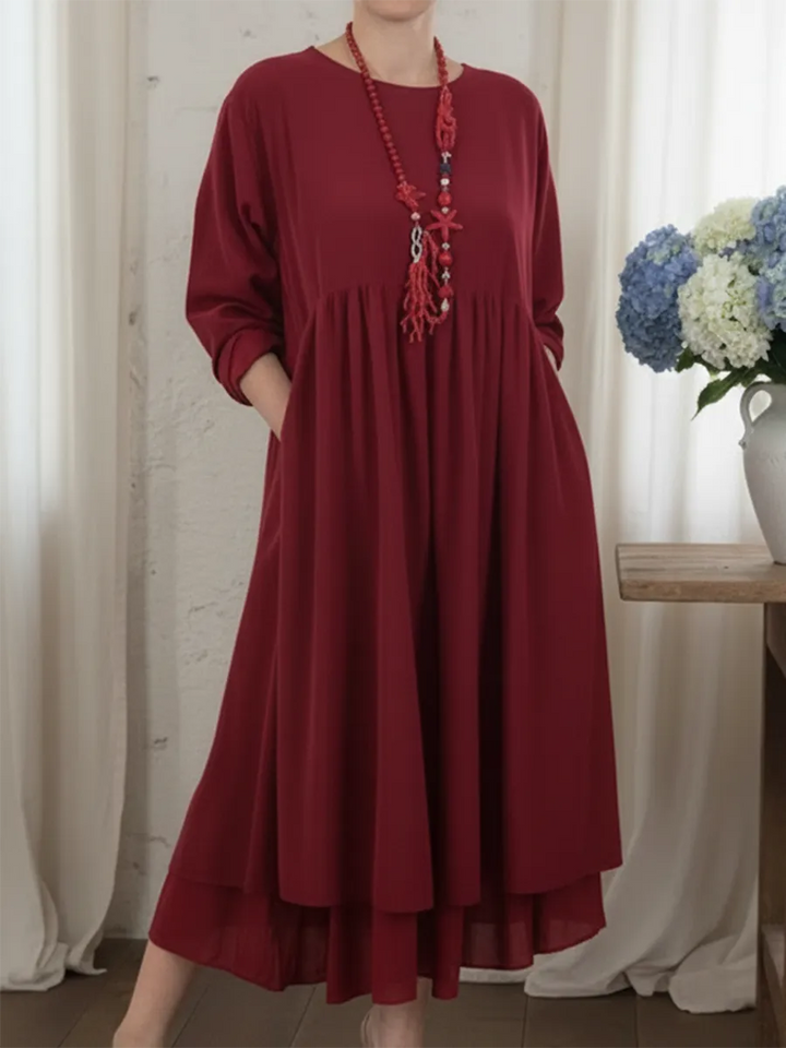 Lässiges Midi-Kleid für Damen mit doppeltem Saumdesign und Rundhalsausschnitt