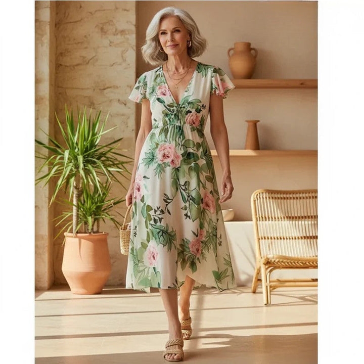 Nirella | Floral Breeze Midikleid für Damen mit V-Ausschnitt und kurzen Ärmeln