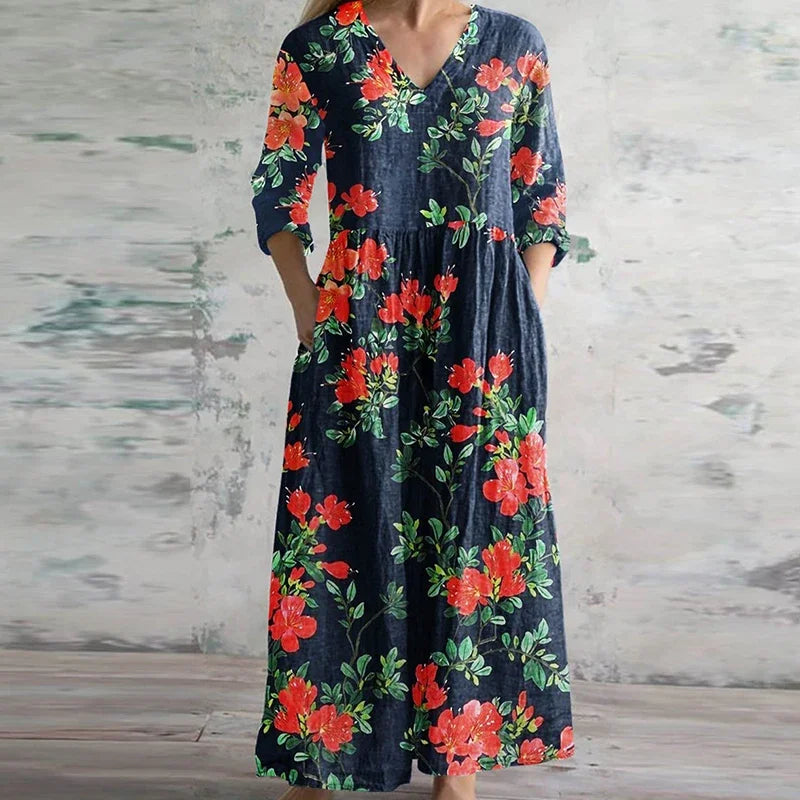 Kate | Elegantes Retro-Maxi-Kleid für Damen mit Blumenmuster und V-Ausschnitt