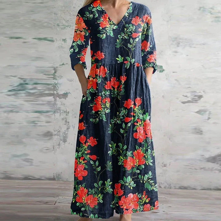 Kate | Elegantes Retro-Maxi-Kleid für Damen mit Blumenmuster und V-Ausschnitt