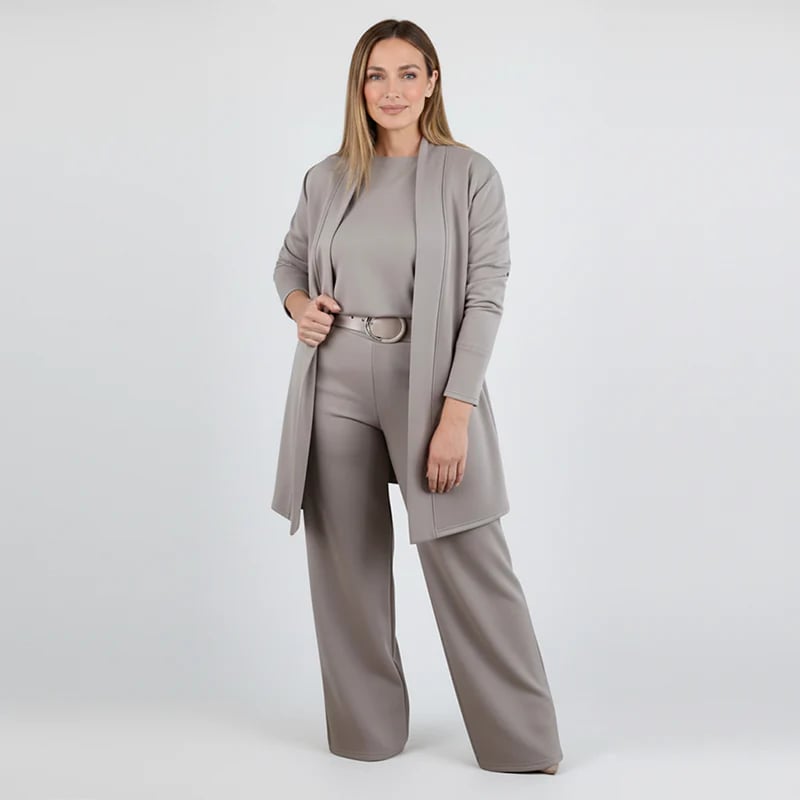 Schickes 3-teiliges Ensemble: Langer Cardigan, Top und Hose für Damen