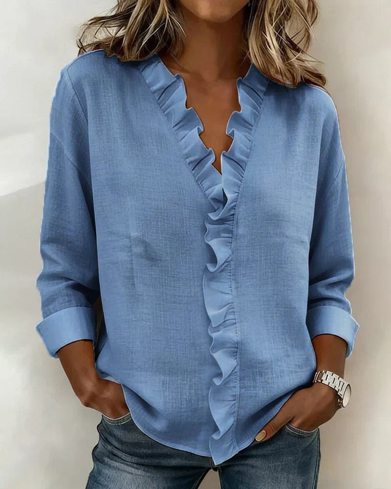 Indie | Rüschenshirt für Damen mit V-Ausschnitt und langen Ärmeln
