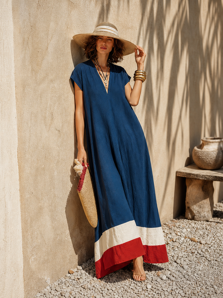 Damen V-Ausschnitt Maxikleid mit kurzen Ärmeln