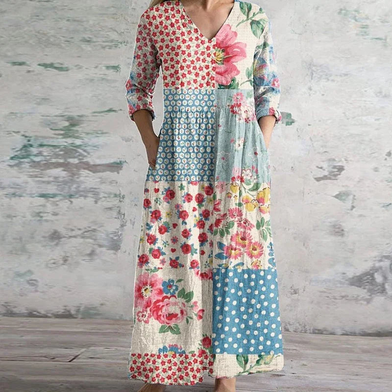 Kate | Elegantes Retro-Maxi-Kleid für Damen mit Blumenmuster und V-Ausschnitt