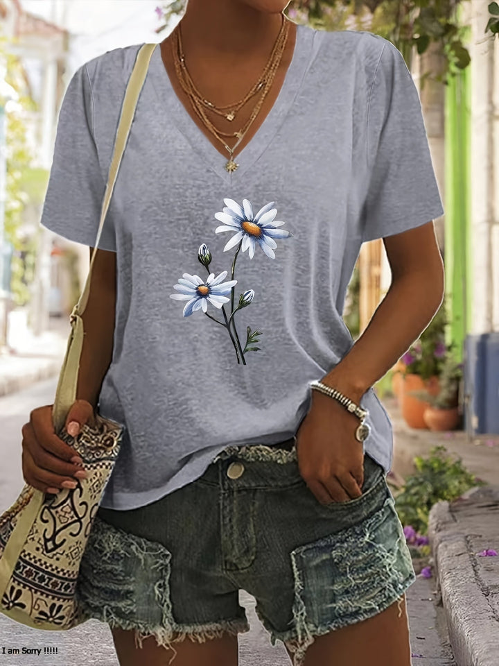 Celine | Floral V-Ausschnitt T-Shirt für Damen mit kurzen Ärmeln