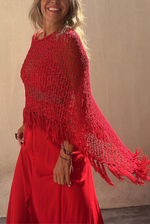Sonnenuntergangsbrise Quasten Strick Cover-Up für Damen mit Ausschnittdetails