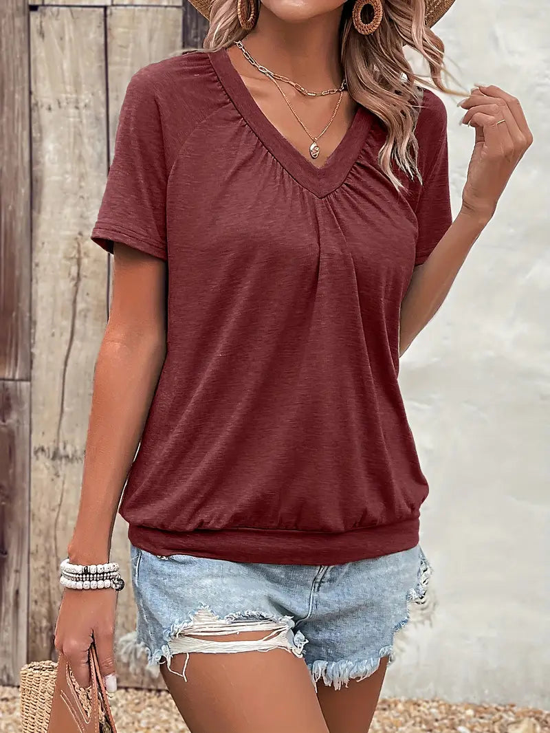 Hilda | Unifarbenes V-Ausschnitt-T-Shirt für Damen mit kurzen Ärmeln