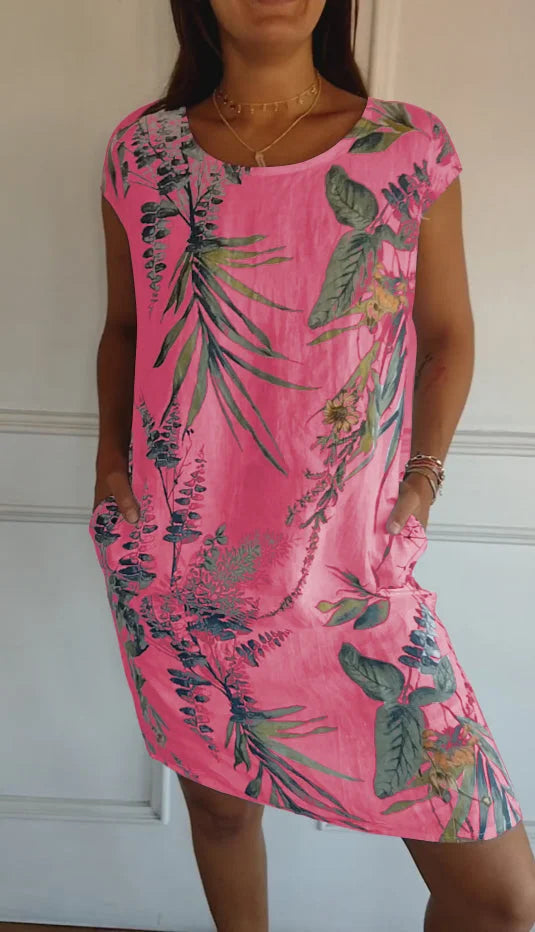 Sommerkleid für Damen mit Taschen und lebhaftem Druck und Blumenmuster