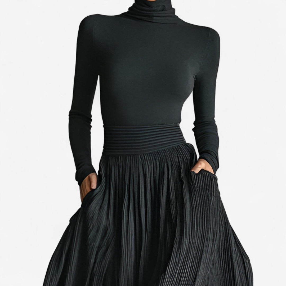 Aline Maxi Hohe Taille Kleid für Damen mit Rollkragen und langen Ärmeln