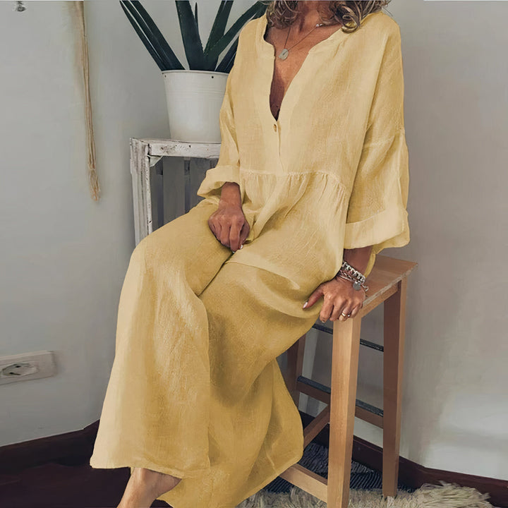 Stylisches Blusen-inspiriertes Maxikleid für Damen mit V-Ausschnitt und 3/4-Ärmeln