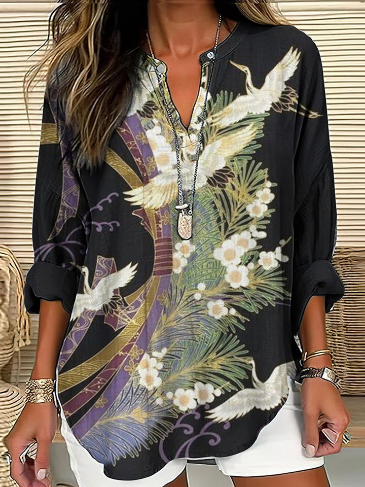 Orielle | Elegante Flugdruck-Bluse mit Rundhalsausschnitt und langen Ärmeln