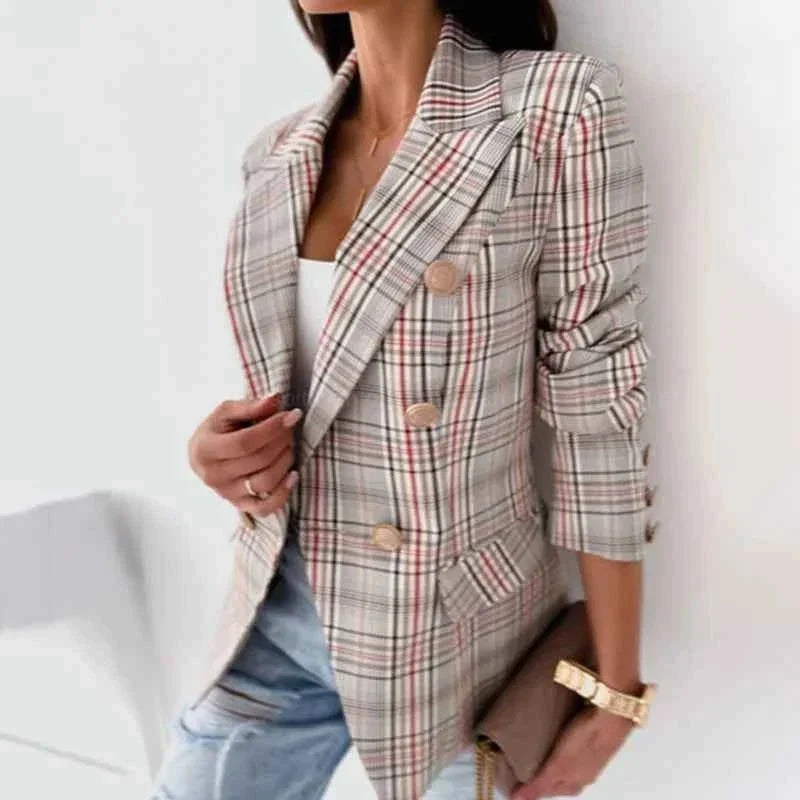 Damen Blazer mit Knöpfen, Langarm, kariert