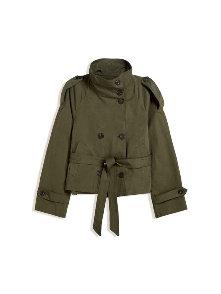 Damen Langarmjacke mit Stehkragen, Gürtel und Knöpfen
