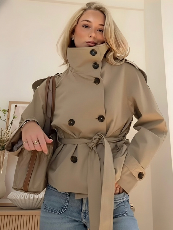 Damen Langarmjacke mit Stehkragen, Gürtel und Knöpfen