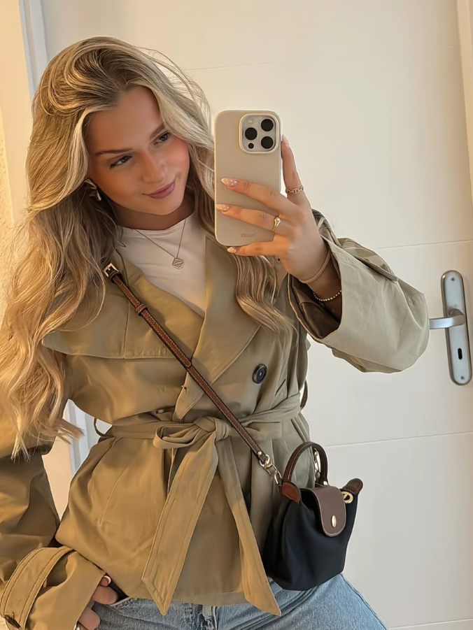 Damen Langarmjacke mit Stehkragen, Gürtel und Knöpfen
