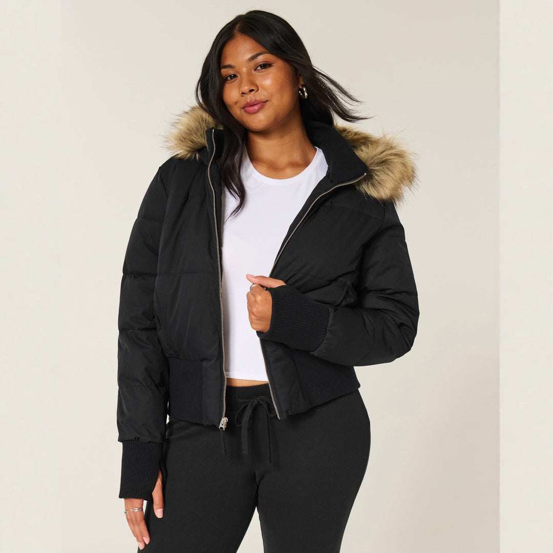 Damen Langarm Cropped Pufferjacke mit Kapuze