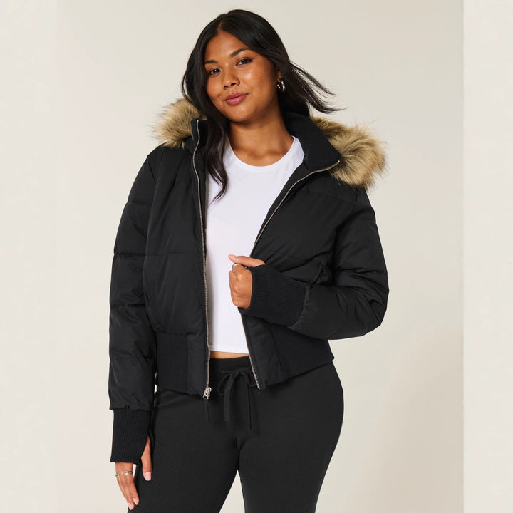 Damen Langarm Cropped Pufferjacke mit Kapuze