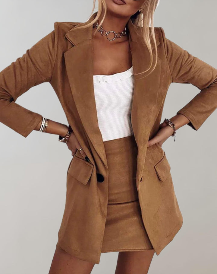 Damen Blazer mit Reverskragen und Minirock Set mit Taschen und Knöpfen