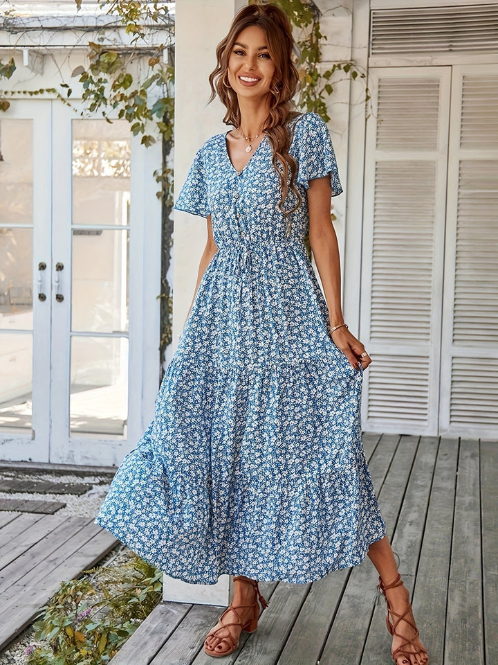 Selina | Elegante Maxikleid mit V-Ausschnitt und kurzen Ärmeln