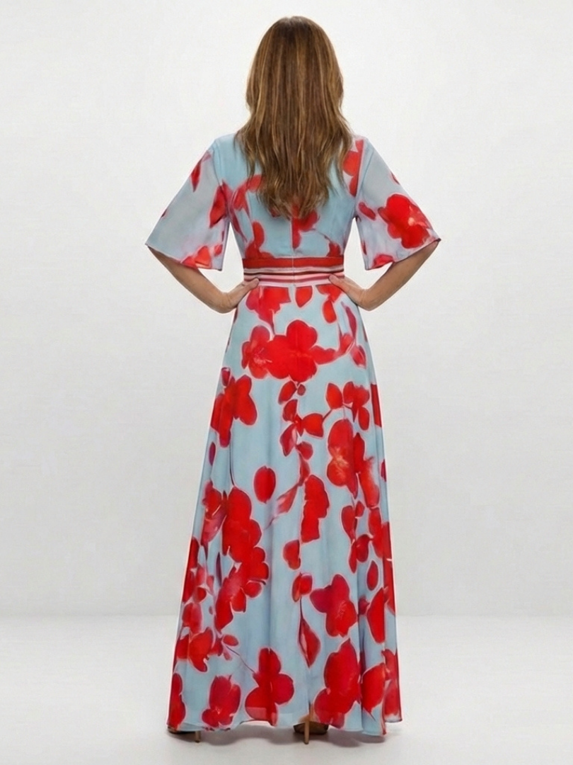 Corinne | V-Ausschnitt Kurzarm Blumenmaxikleid für Damen
