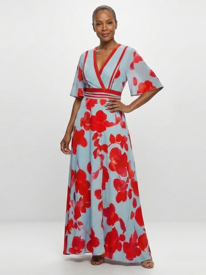 Corinne | V-Ausschnitt Kurzarm Blumenmaxikleid für Damen