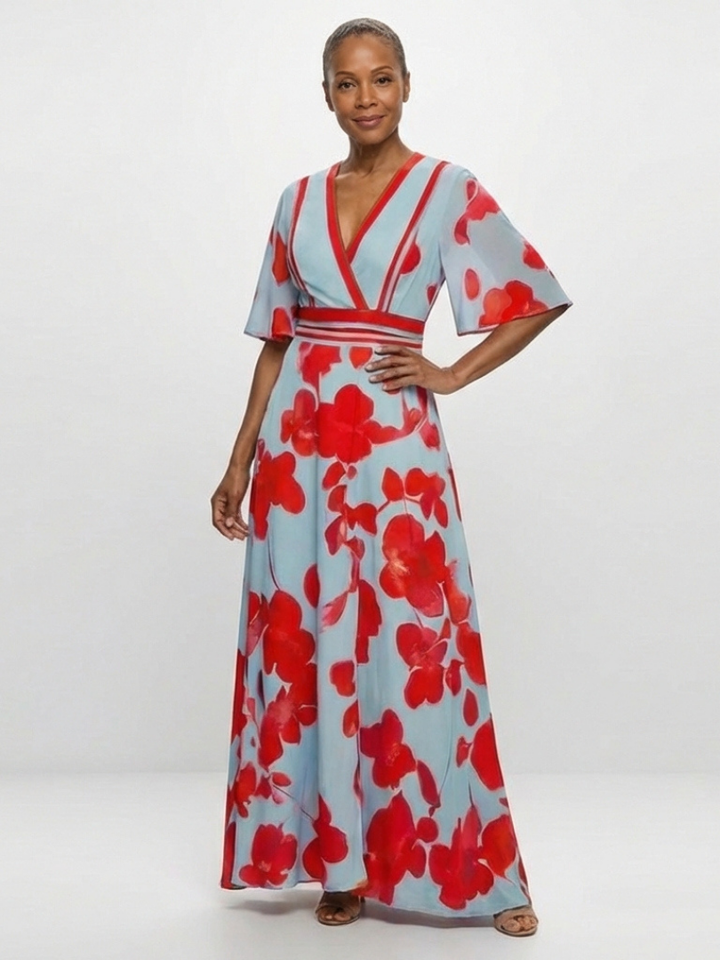 Corinne | V-Ausschnitt Kurzarm Blumenmaxikleid für Damen
