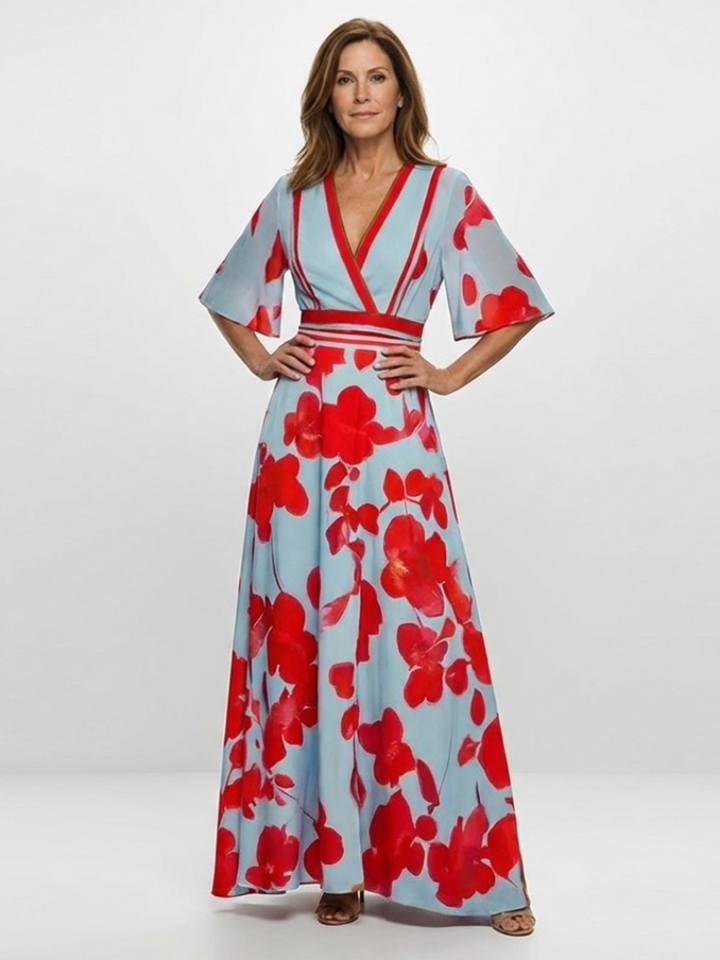 Corinne | V-Ausschnitt Kurzarm Blumenmaxikleid für Damen