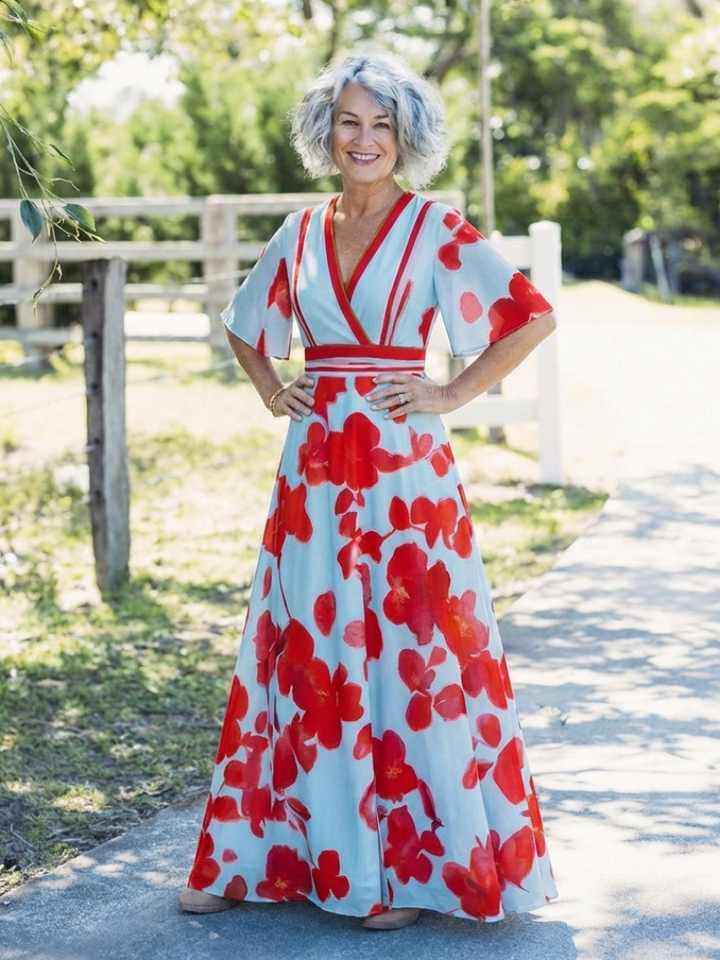 Corinne | V-Ausschnitt Kurzarm Blumenmaxikleid für Damen