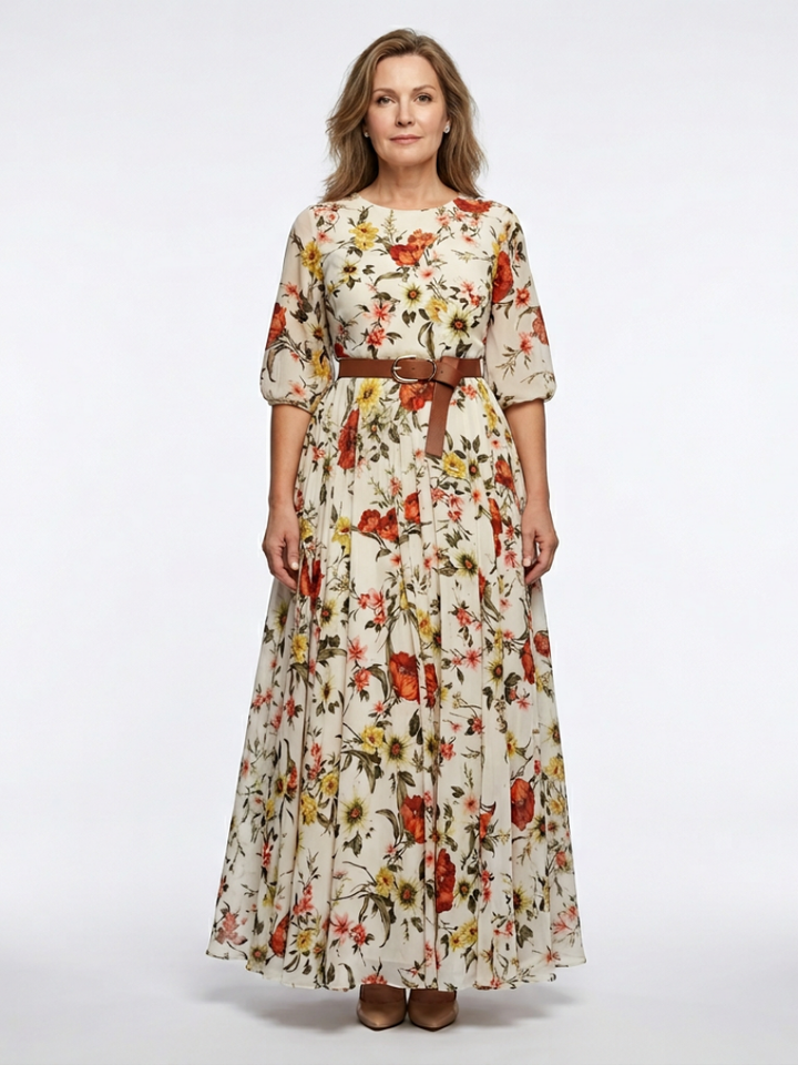 Odelia | Maxikleid für Damen mit Rundhalsausschnitt und drei Viertel Ärmeln, mit Gürtel