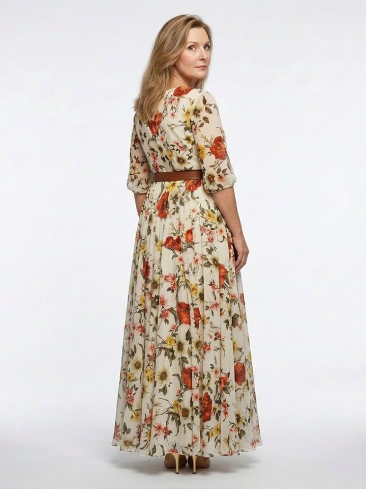 Odelia | Maxikleid für Damen mit Rundhalsausschnitt und drei Viertel Ärmeln, mit Gürtel