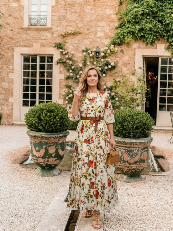 Odelia | Maxikleid für Damen mit Rundhalsausschnitt und drei Viertel Ärmeln, mit Gürtel