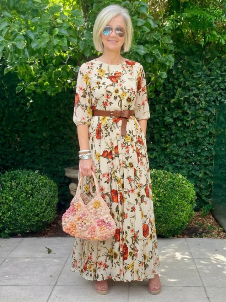 Odelia | Maxikleid für Damen mit Rundhalsausschnitt und drei Viertel Ärmeln, mit Gürtel