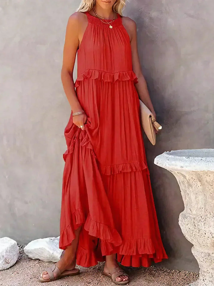 Emilia | Halter Ruffle Maxi Kleid mit langen Ärmeln