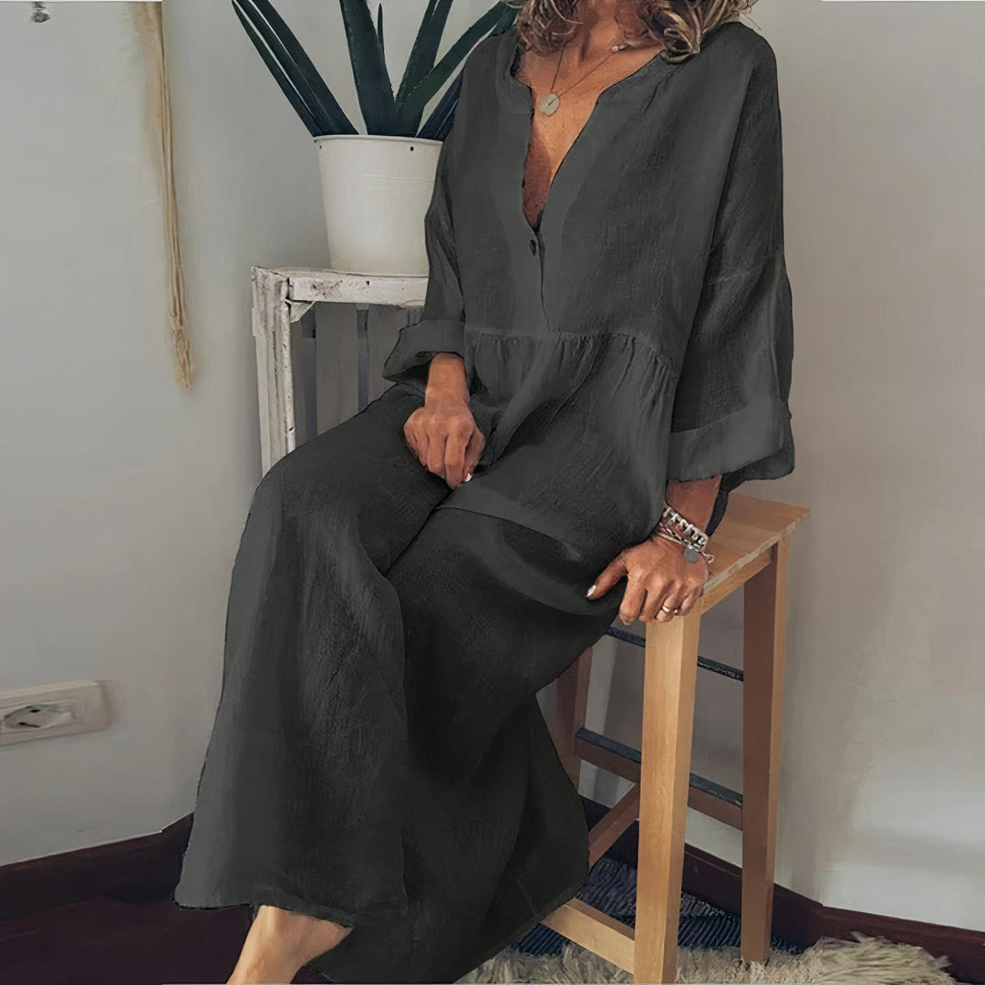 Stylisches Blusen-inspiriertes Maxikleid für Damen mit V-Ausschnitt und 3/4-Ärmeln