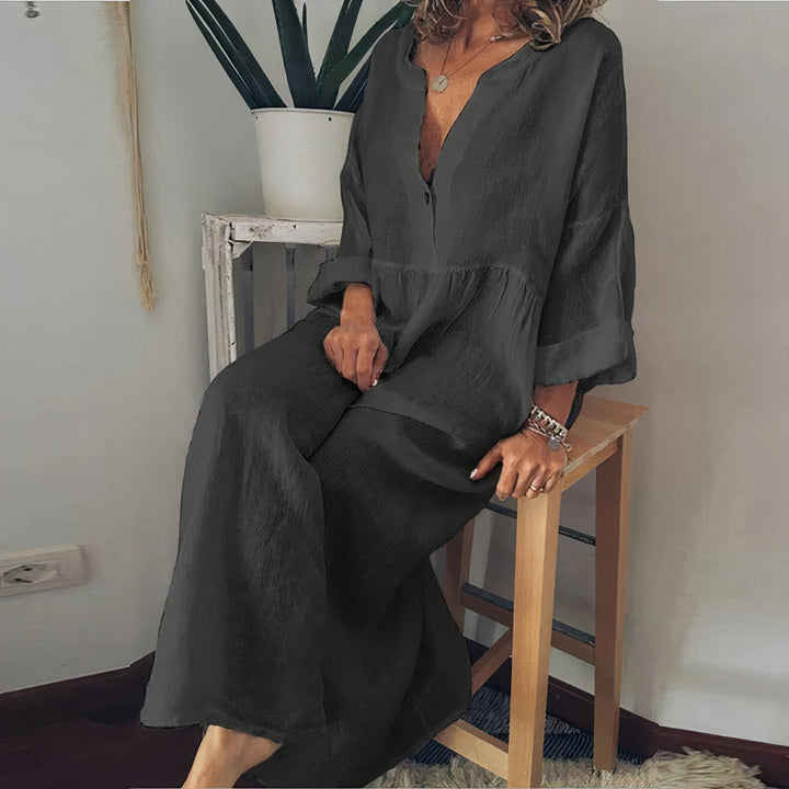 Stylisches Blusen-inspiriertes Maxikleid für Damen mit V-Ausschnitt und 3/4-Ärmeln