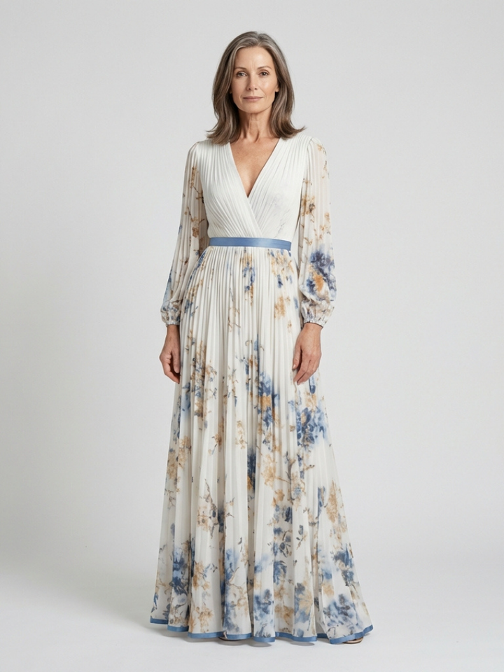 Lavinia | Maxikleid für Damen mit langen Ärmeln und V-Ausschnitt in Blumenmuster